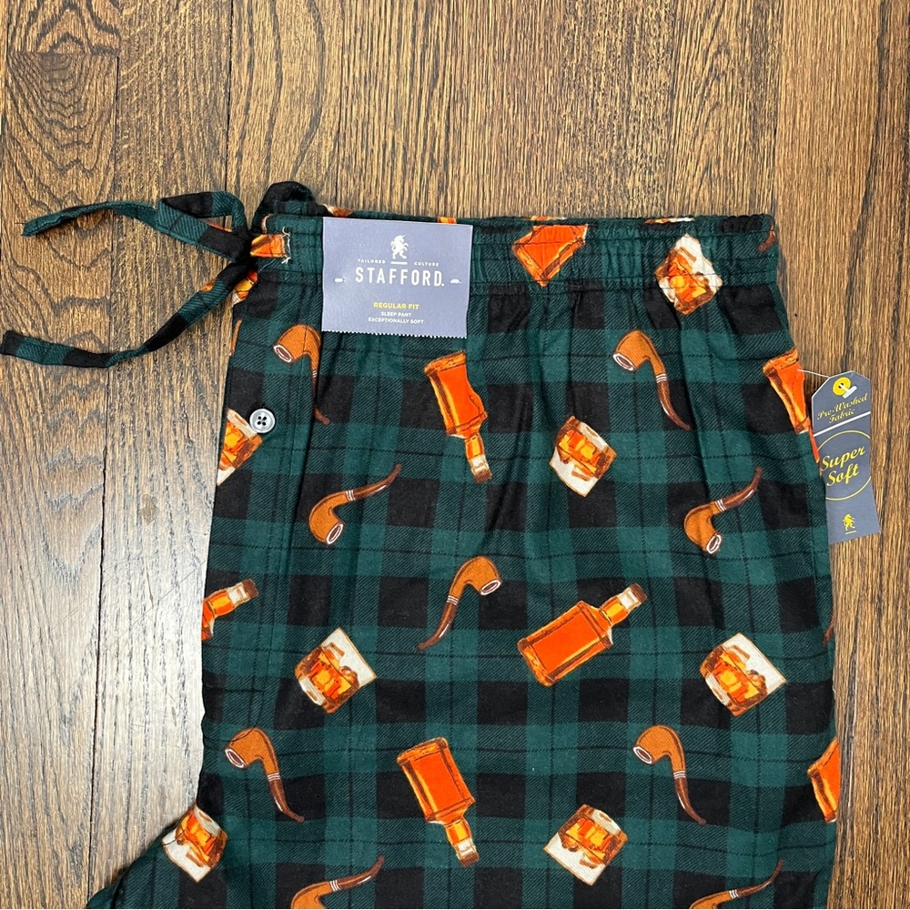 Stafford Regular Fit Sleep Pants, Men's Size XL, Green Plaid Flannel Pipes NWT